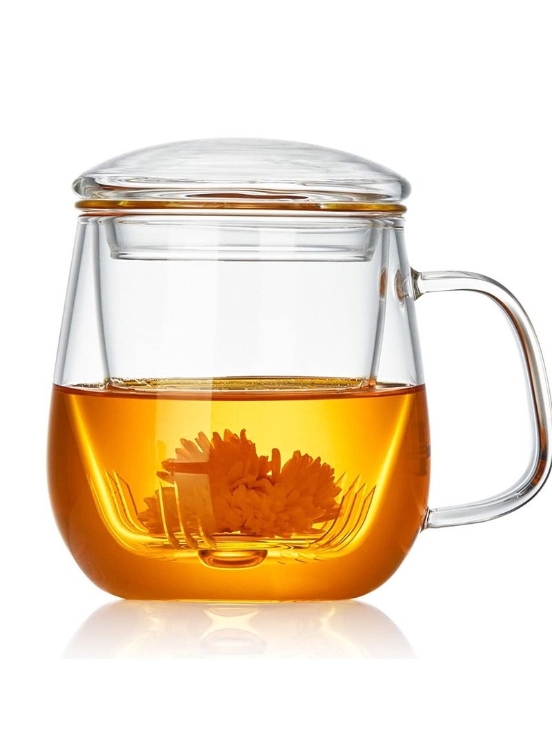 Glass Tea Cup with Infuser and Lid, 17.6 ounce Glass Tea Cups with Strainer, Loose Leaf Tea Cup Mug for One, Lead-free Borosilicate Glass Teacups, Clear Teacup for Loose Leaf Tea