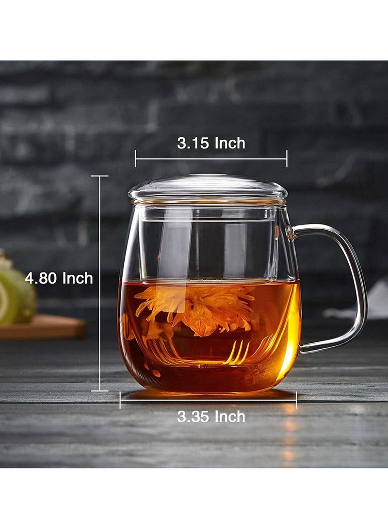 Glass Tea Cup with Infuser and Lid, 17.6 ounce Glass Tea Cups with Strainer, Loose Leaf Tea Cup Mug for One, Lead-free Borosilicate Glass Teacups, Clear Teacup for Loose Leaf Tea