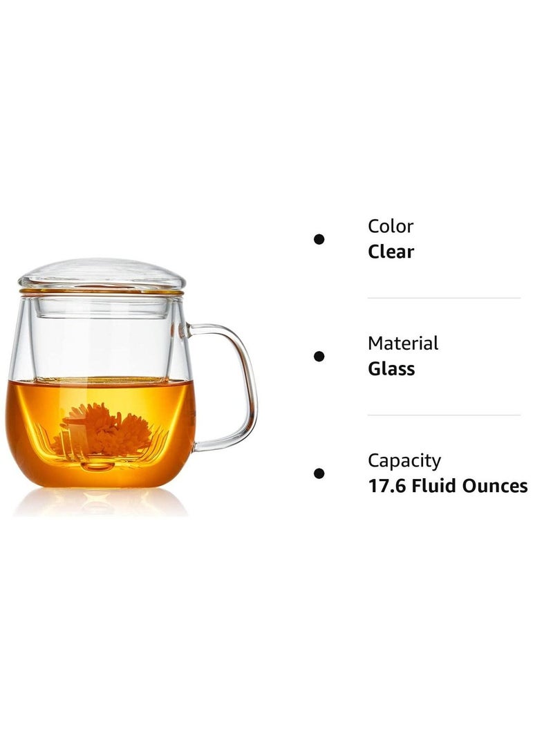 Glass Tea Cup with Infuser and Lid, 17.6 ounce Glass Tea Cups with Strainer, Loose Leaf Tea Cup Mug for One, Lead-free Borosilicate Glass Teacups, Clear Teacup for Loose Leaf Tea