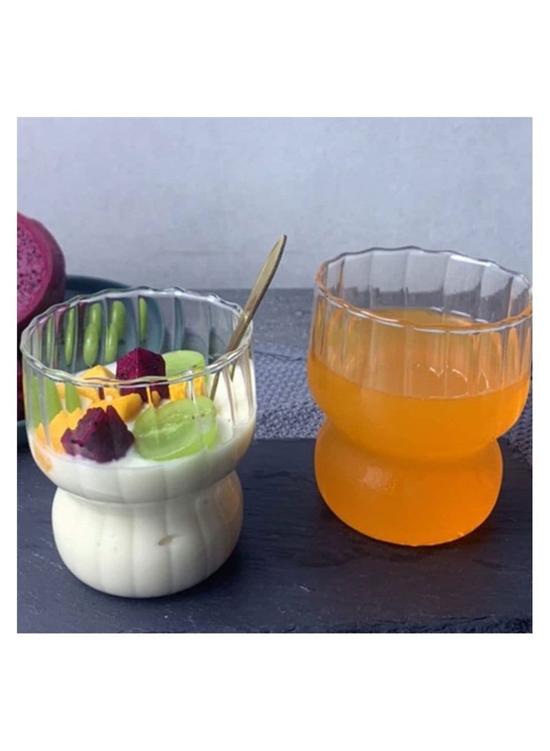 Ribbed Glass Cups,2 Pcs 270ML Origami Style Glass Cups with 2 Iced Ball Molds,Vertical Stripes Bubble Glasses Drinking,Ribbed Glassware,Bubble Cups,Ripple Glassware,Ribbed Drinking Glasses