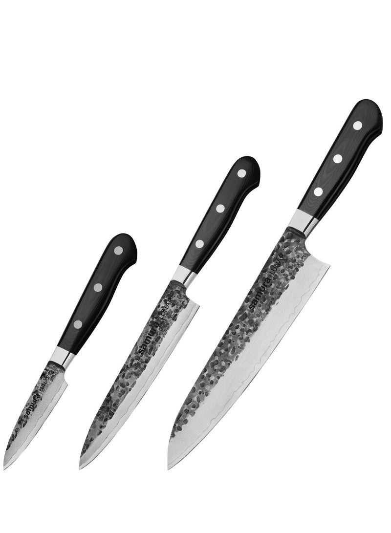 Samura PRO-S LUNAR Set of 3 Kitchen Knives | Paring Knife, Utility Knife, Chef's Knife | Hammered Damascus Steel Blade | G-10 High-Pressure Fiberglass Handle | Precision Cutting