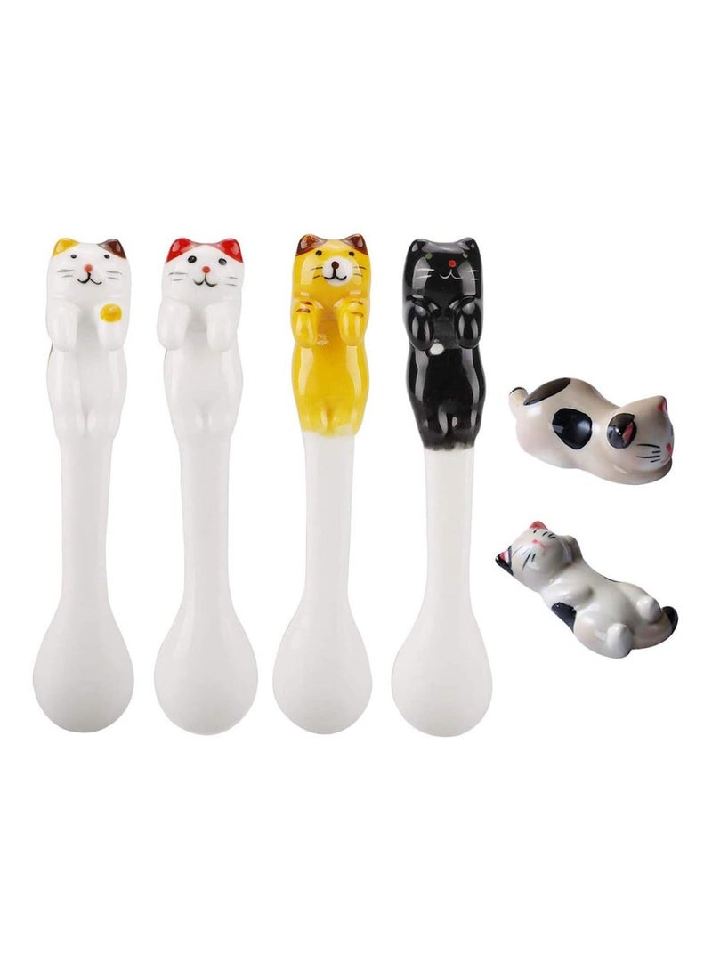 Mini Cute Ceramic Cat Spoon, Hangable Tea Spoon Coffee Spoon Sugar Spoon, 4 Pcs Hanging Cup Teaspoons Cartoon Animals Spoons with 2 Chopsticks Rest, Tableware Kitchen Tools