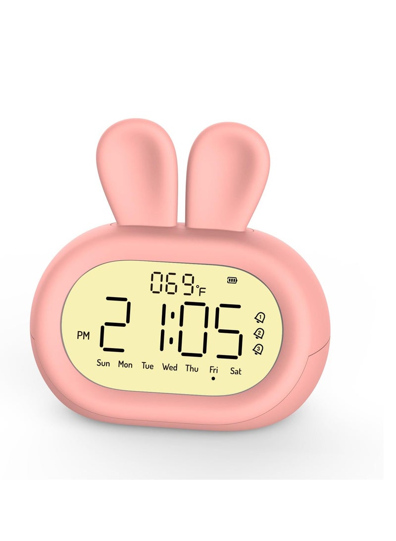 Kids Alarm Clock, Cute Bunny Digital Alarm Clock with Weekday/7-Day Mode, Snooze, Adjustable Nightlight and Volume, Thermometer, Three Alarm Clock Sets Rechargeable Kids Bedroom Digital (Pink)