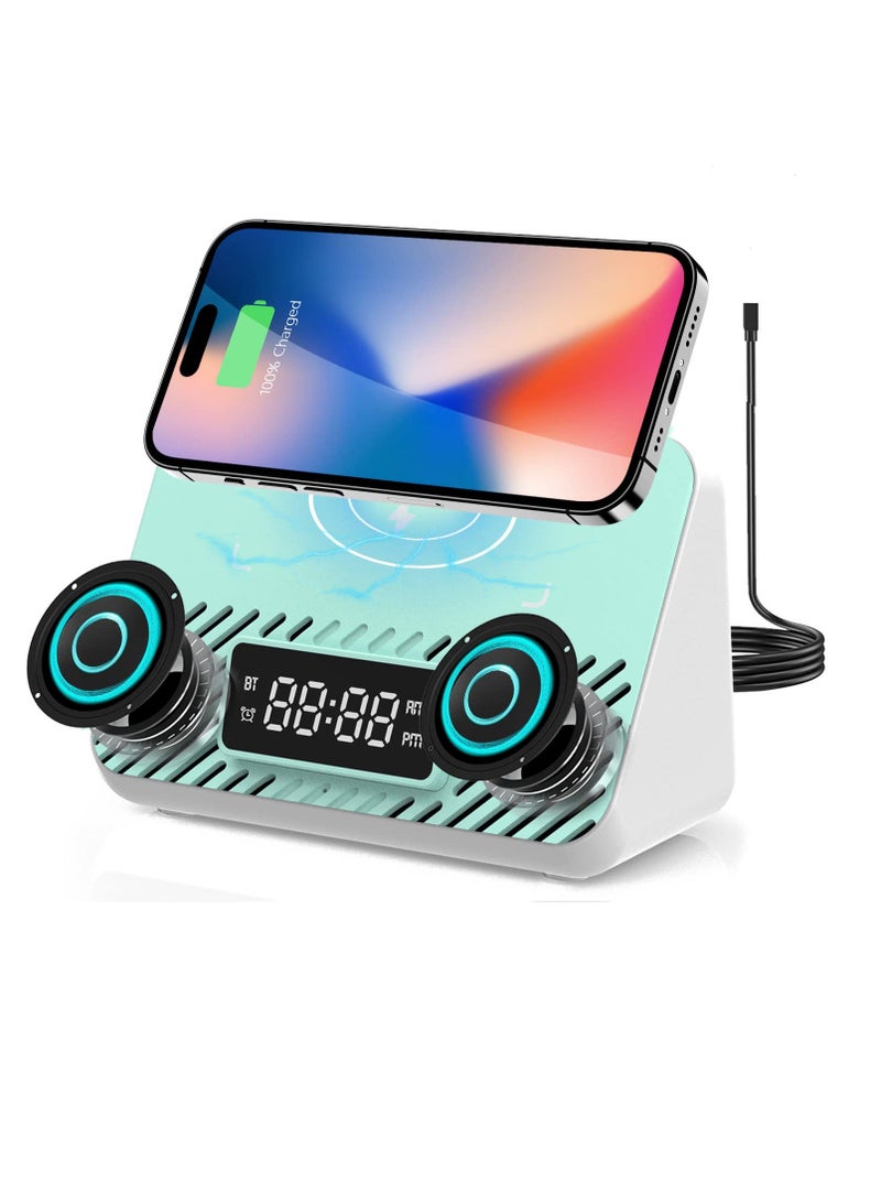 3 in 1 Wireless Charging Station with Bluetooth Speaker and Alarm Clock Portable LED Bluetooth Speaker with 15 W Fast Wireless Charger for iPhone Samsung and Other Android Phones Blue-White