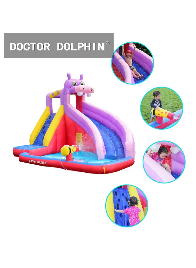 Doctor Dolphin Inflatable Water Slide with Blower,Long Water Slides for Kids Backyard with Climbing Wall,Kids Bounce House with Slide,Hippo Theme Water Park with Plash Pool for Outdoor 63100