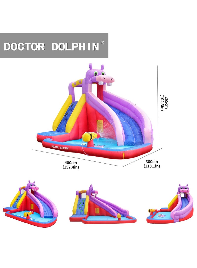 Doctor Dolphin Inflatable Water Slide with Blower,Long Water Slides for Kids Backyard with Climbing Wall,Kids Bounce House with Slide,Hippo Theme Water Park with Plash Pool for Outdoor 63100