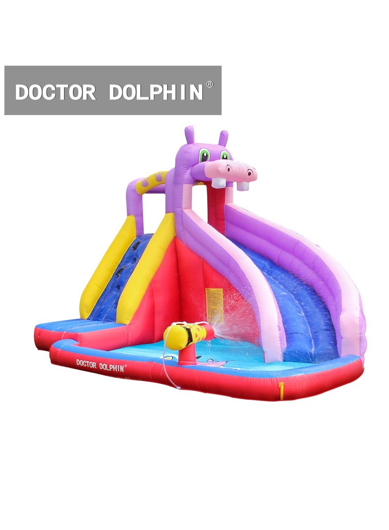Doctor Dolphin Inflatable Water Slide with Blower,Long Water Slides for Kids Backyard with Climbing Wall,Kids Bounce House with Slide,Hippo Theme Water Park with Plash Pool for Outdoor 63100