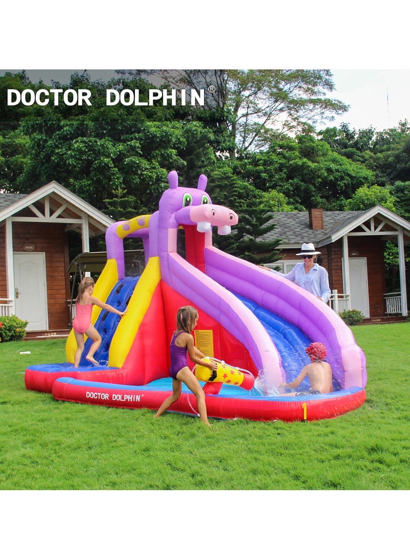 Doctor Dolphin Inflatable Water Slide with Blower,Long Water Slides for Kids Backyard with Climbing Wall,Kids Bounce House with Slide,Hippo Theme Water Park with Plash Pool for Outdoor 63100