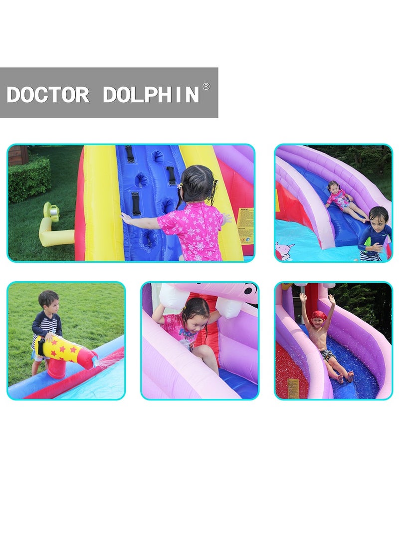 Doctor Dolphin Inflatable Water Slide with Blower,Long Water Slides for Kids Backyard with Climbing Wall,Kids Bounce House with Slide,Hippo Theme Water Park with Plash Pool for Outdoor 63100