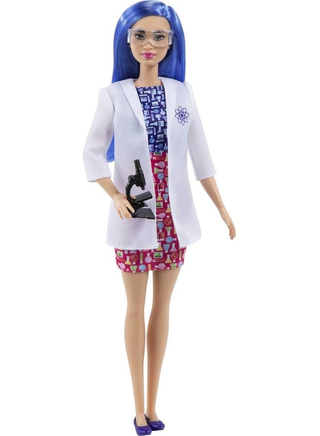 Barbie Scientist Doll 12 inches, Blue Hair, Color Block Dress, Lab Coat & Flats, Microscope Accessory, Great Gift for Ages 3 Years Old & Up, Multi