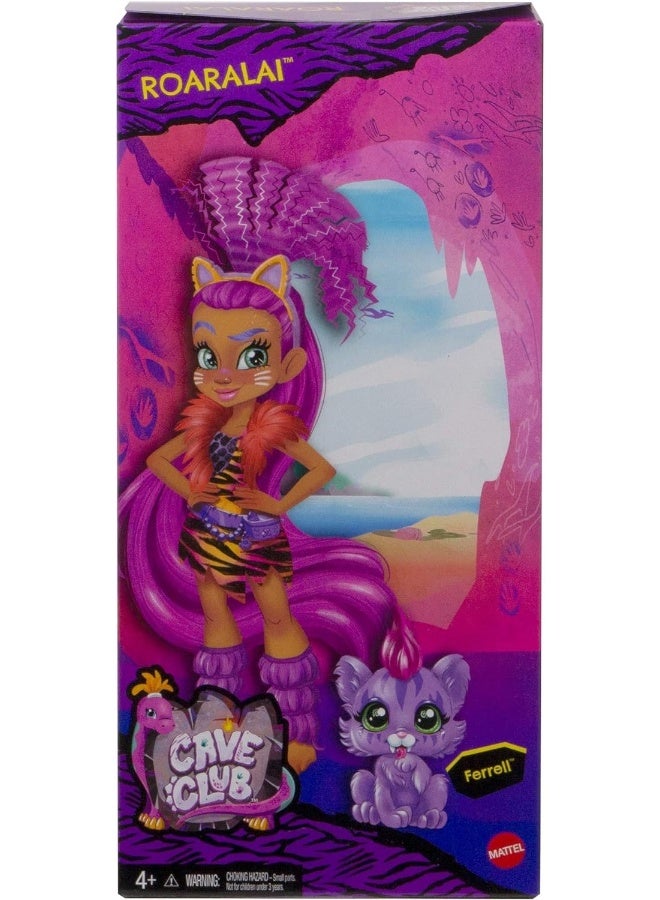 Cave Club Roaralai Doll 10-inch, Purple Hair Poseable Prehistoric Fashion Doll with Dinosaur Pet and Accessories