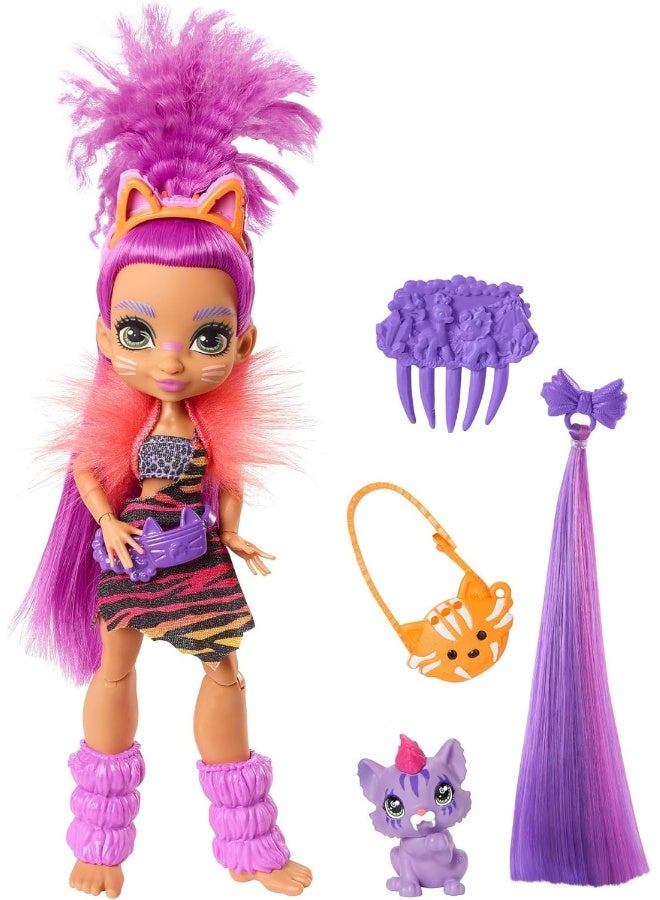 Cave Club Roaralai Doll 10-inch, Purple Hair Poseable Prehistoric Fashion Doll with Dinosaur Pet and Accessories