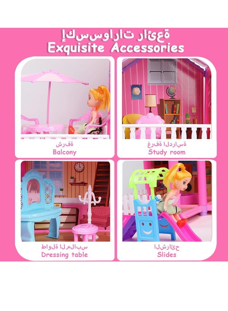 Dollhouse Play Set Doll House Building Toys with Lights to Assemble Kitchen Bedroom Furniture Garden 2 Dolls 2 Princess Pretend Play Dream House for Girls Toddler DIY Ideas Gifts 278 Pcs