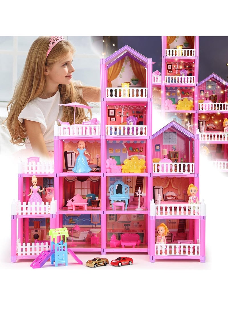 Dollhouse Play Set Doll House Building Toys with Lights to Assemble Kitchen Bedroom Furniture Garden 2 Dolls 2 Princess Pretend Play Dream House for Girls Toddler DIY Ideas Gifts 278 Pcs