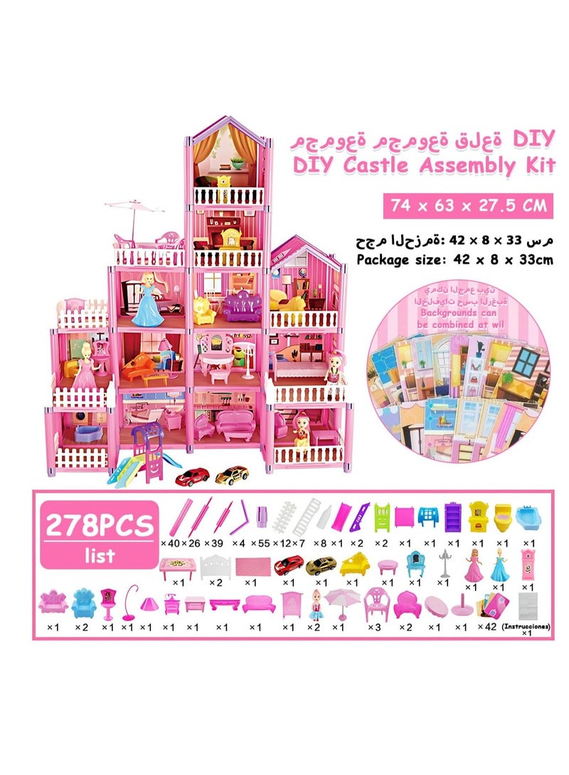 Dollhouse Play Set Doll House Building Toys with Lights to Assemble Kitchen Bedroom Furniture Garden 2 Dolls 2 Princess Pretend Play Dream House for Girls Toddler DIY Ideas Gifts 278 Pcs