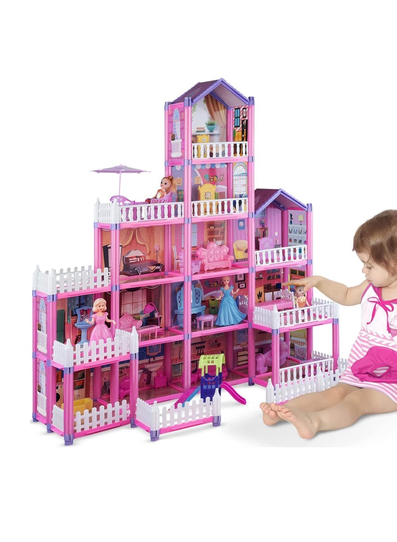 5 Floors 278 Pieces Huge Dollhouse Play Set Doll House Building Toys with Lights to Assemble Kitchen Bedroom Furniture Garden Dolls Pets Pink Play Dream House for Girls Toddler DIY Ideas Gifts