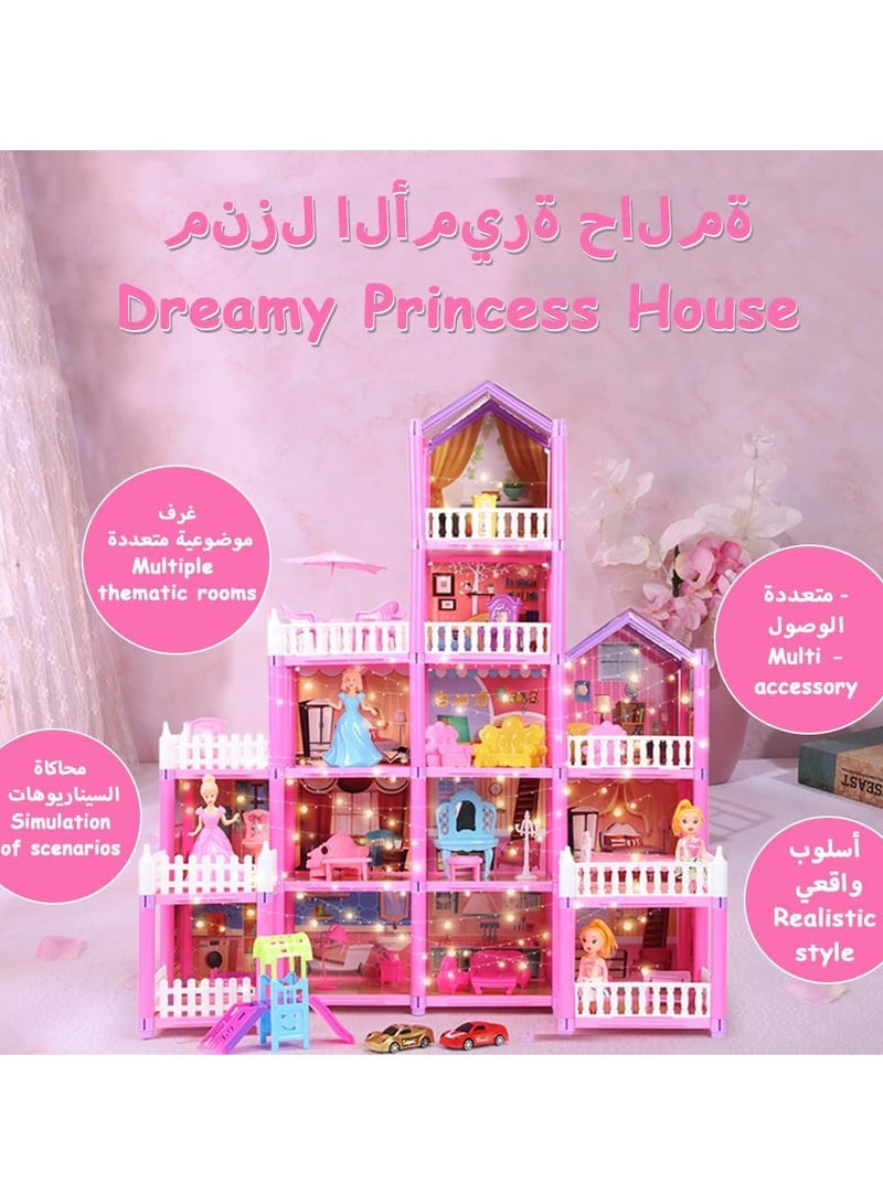 Dollhouse Play Set Doll House Building Toys with Lights to Assemble Kitchen Bedroom Furniture Garden 2 Dolls 2 Princess Pretend Play Dream House for Girls Toddler DIY Ideas Gifts 278 Pcs