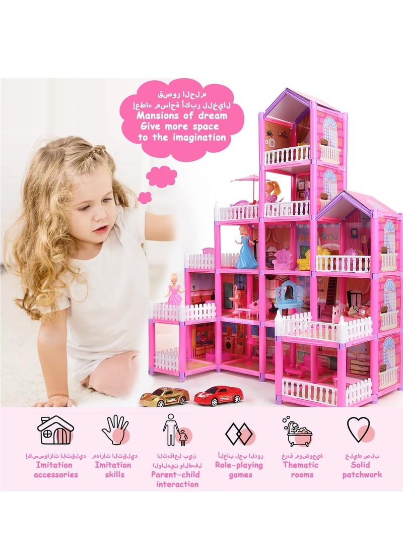 Dollhouse Play Set Doll House Building Toys with Lights to Assemble Kitchen Bedroom Furniture Garden 2 Dolls 2 Princess Pretend Play Dream House for Girls Toddler DIY Ideas Gifts 278 Pcs