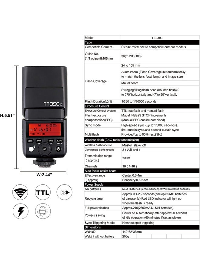 Godox TT350C Flash for Canon Camera, 2.4G Wireless Speedlight Canon GN36 1/8000s HSS Speedlite, Mini Thinklite TTL Camera Flash Compatible for Canon Camera