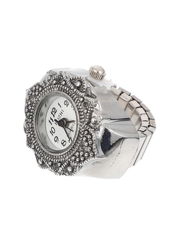 MAKINGTEC Vintage Finger Ring Watches Zinc Alloy Round Ring Watch Decorative Diamond Watch for Men Women (Sliver Flower) - 1Piece
