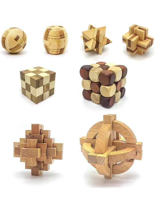 PicassoTiles PTP08 8 Styles Wooden Burr Cube, Ball and Barrels Logic Puzzle Brain Teaser & Intellectual 3D Assembling Toy Set for Kids & Adults