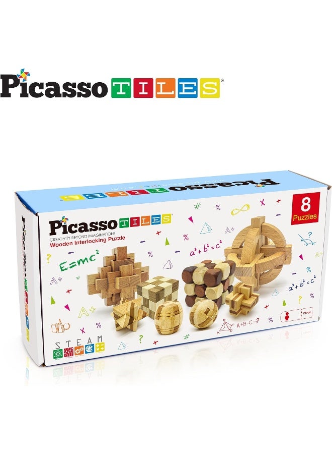 PicassoTiles PTP08 8 Styles Wooden Burr Cube, Ball and Barrels Logic Puzzle Brain Teaser & Intellectual 3D Assembling Toy Set for Kids & Adults