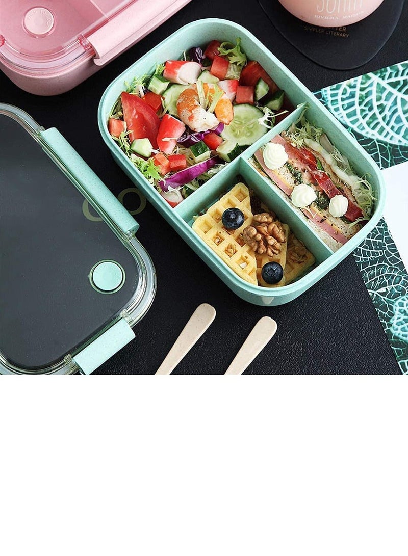 Bento Lunch Boxes, 3 Compartment Bento Box with Fork and Spoon, Leak Proof Bento Box Microwave Safe, Wheat Straw Bento Lunch Containers BPA Free, Bento Box for Kids Adults (Green)