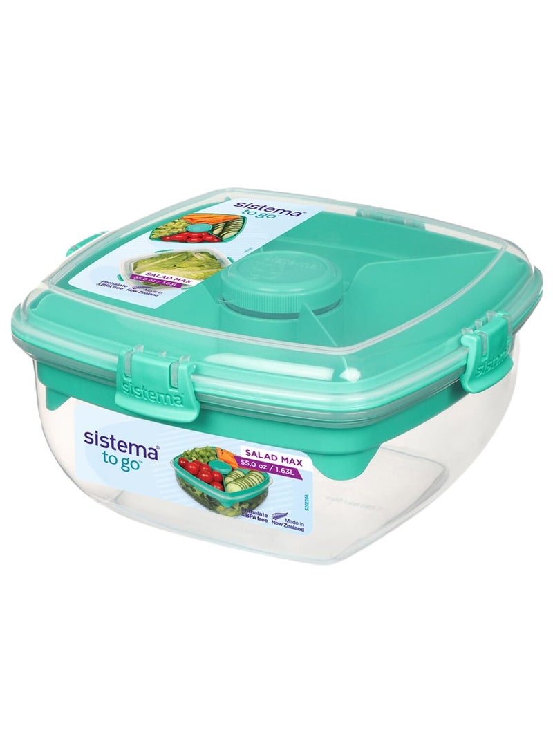 Salad Max To Go 163L ,Stackable & Portable Salad Storage Box, Cutlery Included & Divided Trays With Easy Locking Clips Its Microwave, Dishwasher Safe & Bpa Free Green Clip