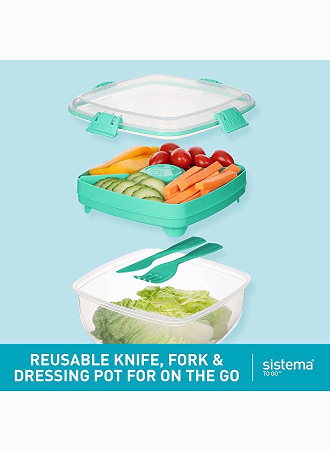 Salad Max To Go 163L ,Stackable & Portable Salad Storage Box, Cutlery Included & Divided Trays With Easy Locking Clips Its Microwave, Dishwasher Safe & Bpa Free Green Clip