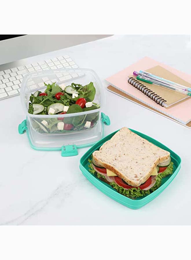 Salad Plus Sandwich 163L ,Stackable & Portable Salad Storage Box, Divided Trays With Easy Locking Clips Its Microwave, Dishwasher Safe & Bpa Free Green Clip