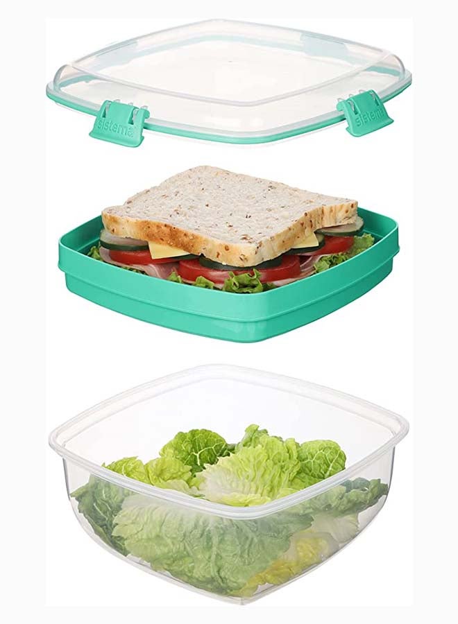 Salad Plus Sandwich 163L ,Stackable & Portable Salad Storage Box, Divided Trays With Easy Locking Clips Its Microwave, Dishwasher Safe & Bpa Free Green Clip