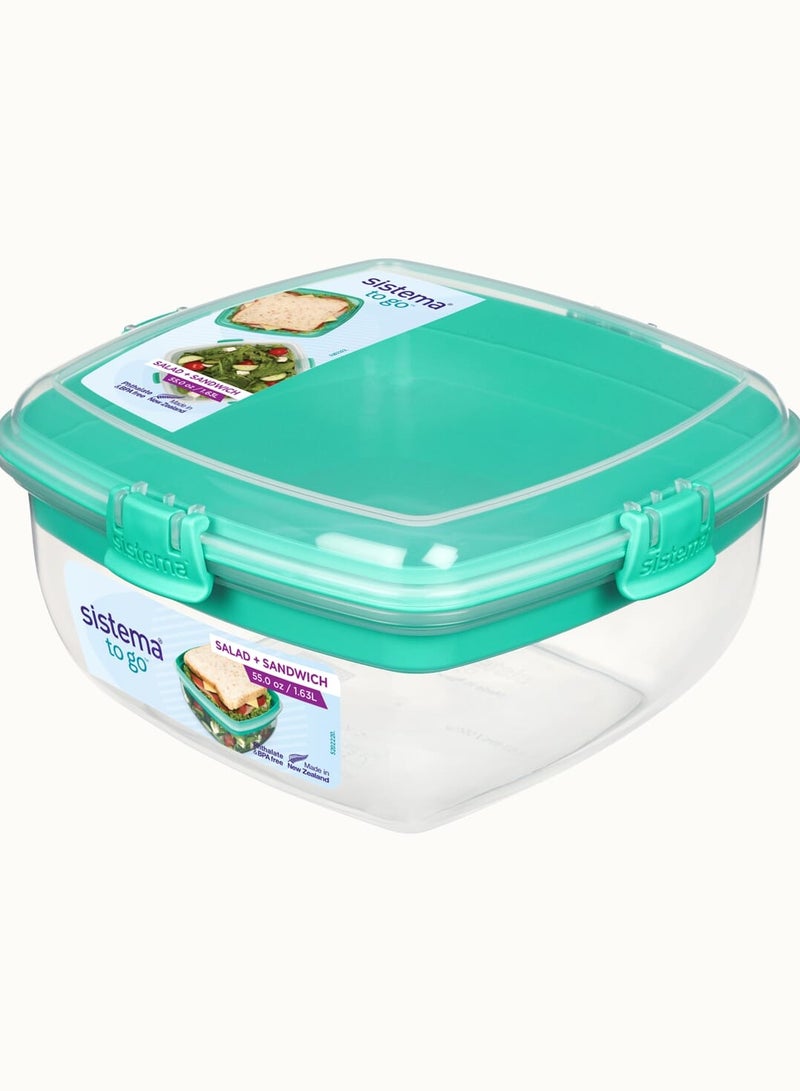 Salad Plus Sandwich 163L ,Stackable & Portable Salad Storage Box, Divided Trays With Easy Locking Clips Its Microwave, Dishwasher Safe & Bpa Free Green Clip
