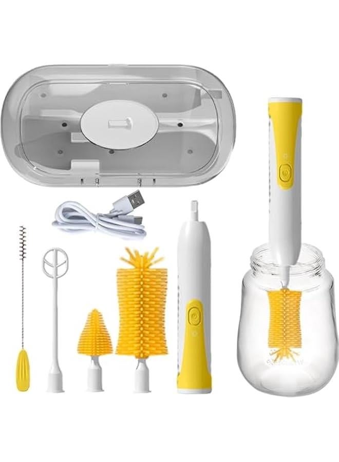 Baby Bottle Brush,Electric Baby Bottle Brush Cleaner Set,Rechargeable Waterproof Silicone Brushes with Bottle Brush,Nipple Brush,Straw Brush,Milk Stirrer,Drying Rack,Dustproof UV Disinfection (Yello