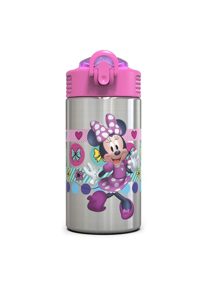 Disney Minnie’S Happy Helpers Stainless Steel Water Bottle With One Hand Operation Action Lid And Builtin Carrying Loop Kids Water Bottle With Straw Spout (15.5 Oz 18/8 Bpa Free)