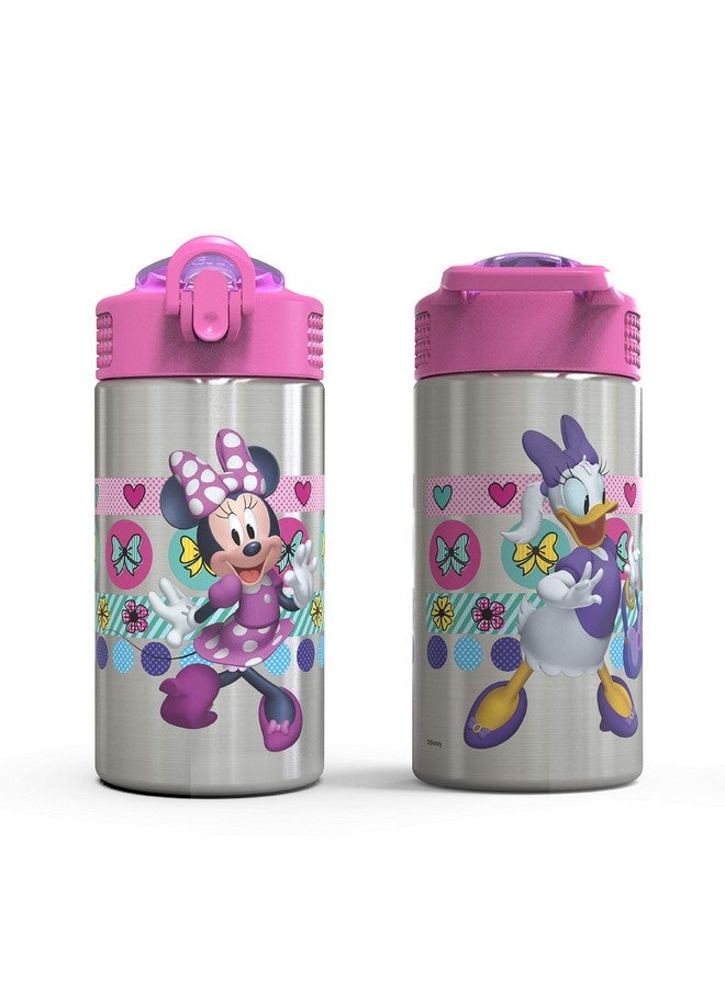 Disney Minnie’S Happy Helpers Stainless Steel Water Bottle With One Hand Operation Action Lid And Builtin Carrying Loop Kids Water Bottle With Straw Spout (15.5 Oz 18/8 Bpa Free)