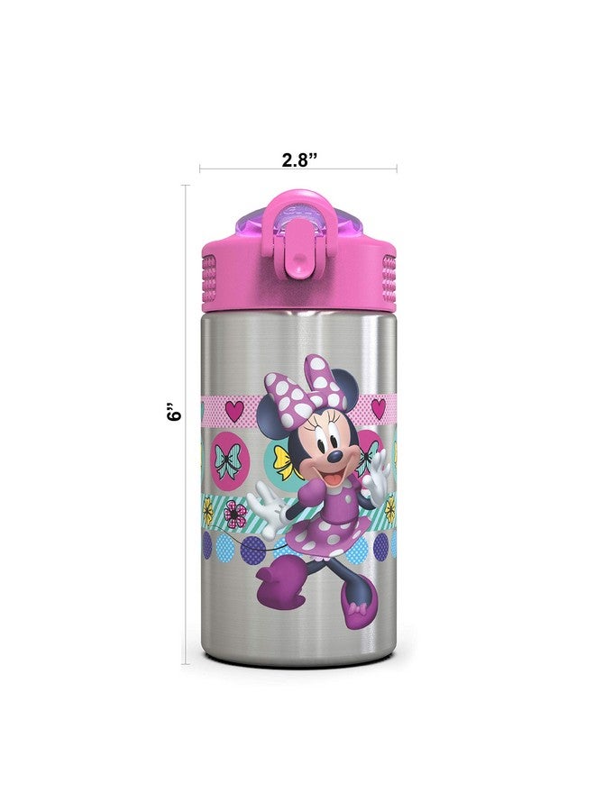 Disney Minnie’S Happy Helpers Stainless Steel Water Bottle With One Hand Operation Action Lid And Builtin Carrying Loop Kids Water Bottle With Straw Spout (15.5 Oz 18/8 Bpa Free)