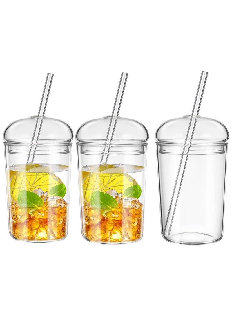 3 PCS Glass Tumbler with Straw and Lid, 16oz Glass Smoothie Cups Heat Resistant Juice Drinking Cup Clear Coffee Cup Large Water Mug for Home Outdoor Travel
