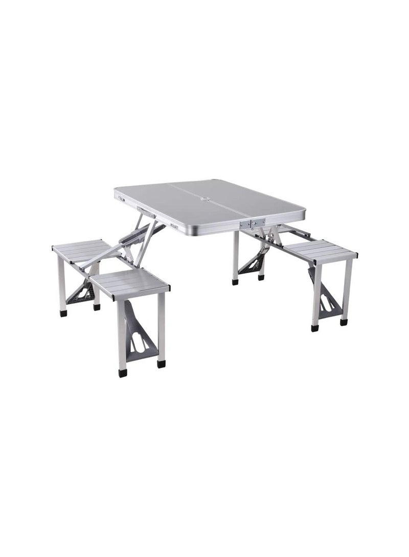 Outdoor Four Seater Foldable Table, Perfect For Outdoor Barbecue, Picnic, Camping,Convenient Carry Handle, Silver