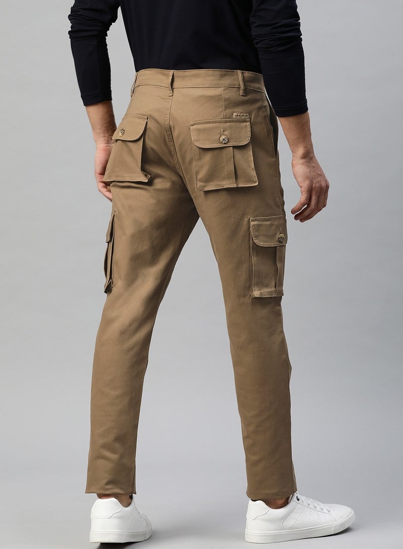 Men Khaki Slim Fit Cargos Trousers