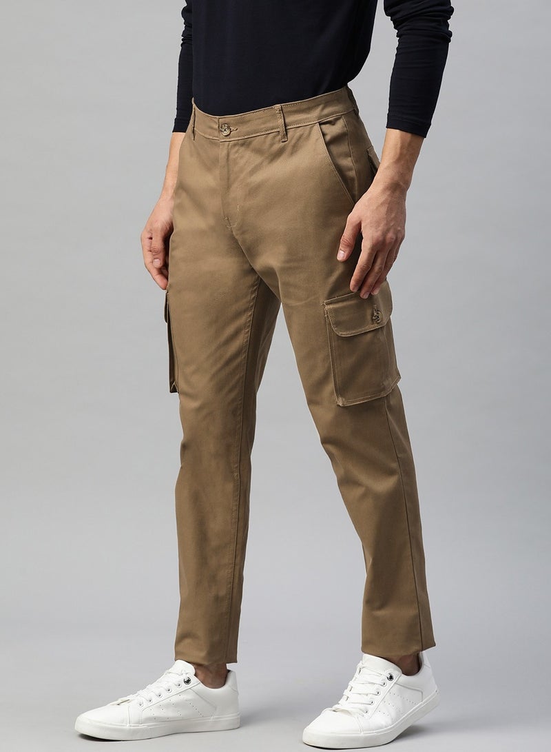 Men Khaki Slim Fit Cargos Trousers