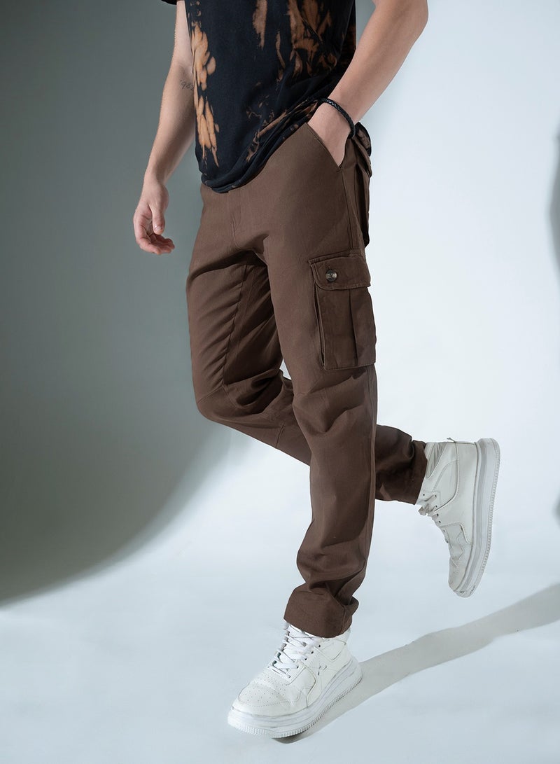 Men Brown Slim Fit Cotton Cargo Trousers