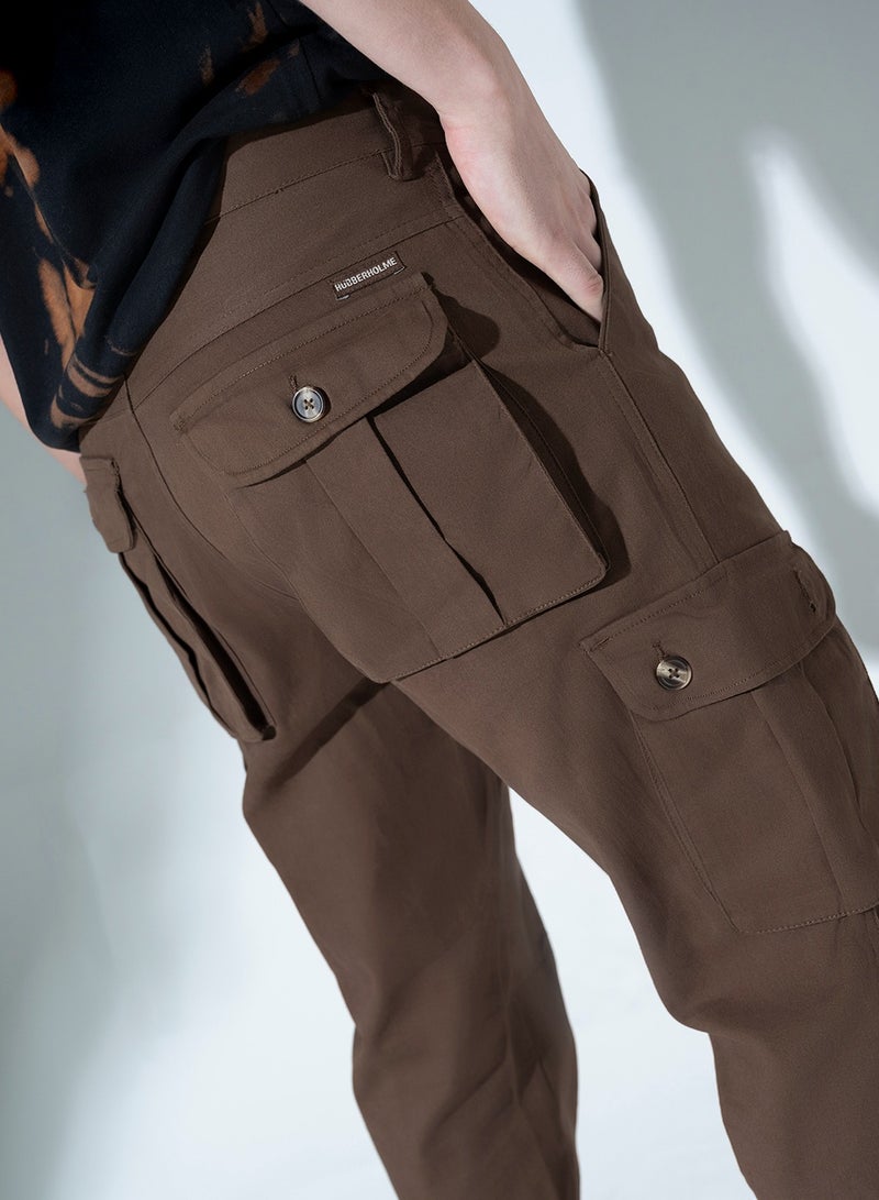 Men Brown Slim Fit Cotton Cargo Trousers