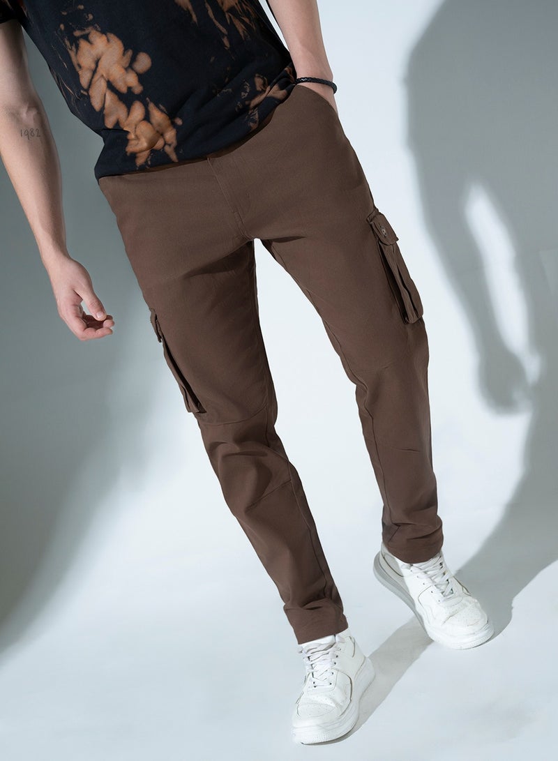 Men Brown Slim Fit Cotton Cargo Trousers