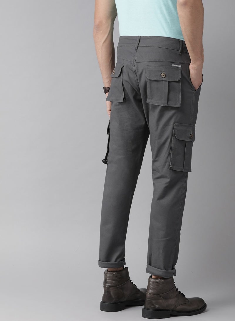 Men Charcoal Grey Slim Fit Solid Cargos