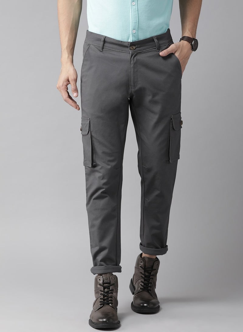 Men Charcoal Grey Slim Fit Solid Cargos