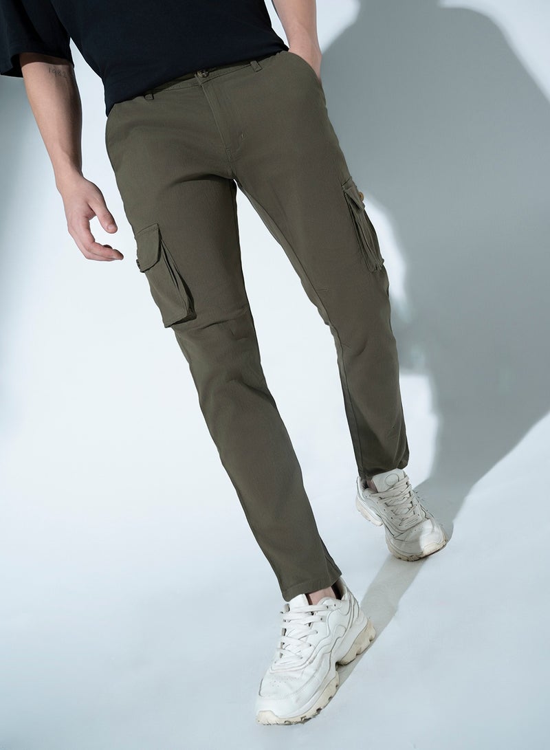 Men Olive Green Slim Fit Stretchable Solid Cargos