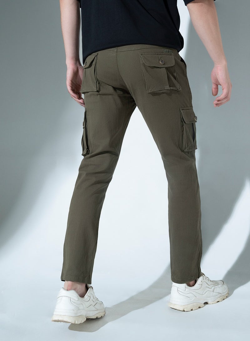 Men Olive Green Slim Fit Stretchable Solid Cargos