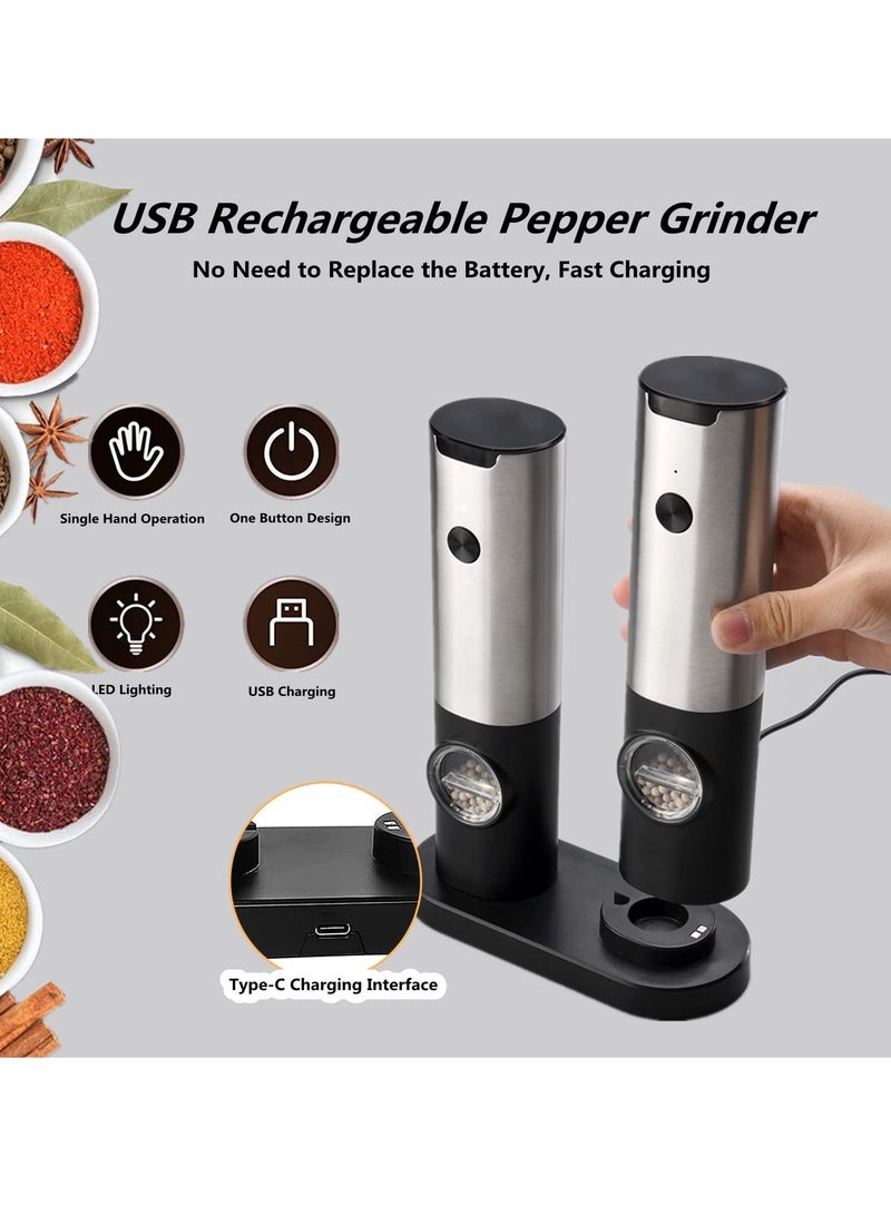 2 Piece Electric Salt and Pepper Grinder Set, Rechargeable Pepper Grinder with USB Rechargeable Base, Ajustable Grind Coarseness with LED Light