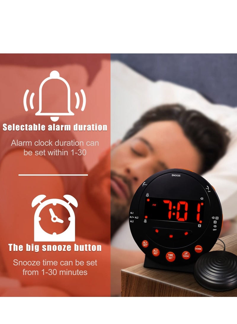 Extra Loud Alarm Clock Vibrating Alarm Clock with Bed Shaker Dual USB Charging Snooze Function 0-100% Dimmer and 0-120db Volume 12/24 Hours for Heavy Sleepers