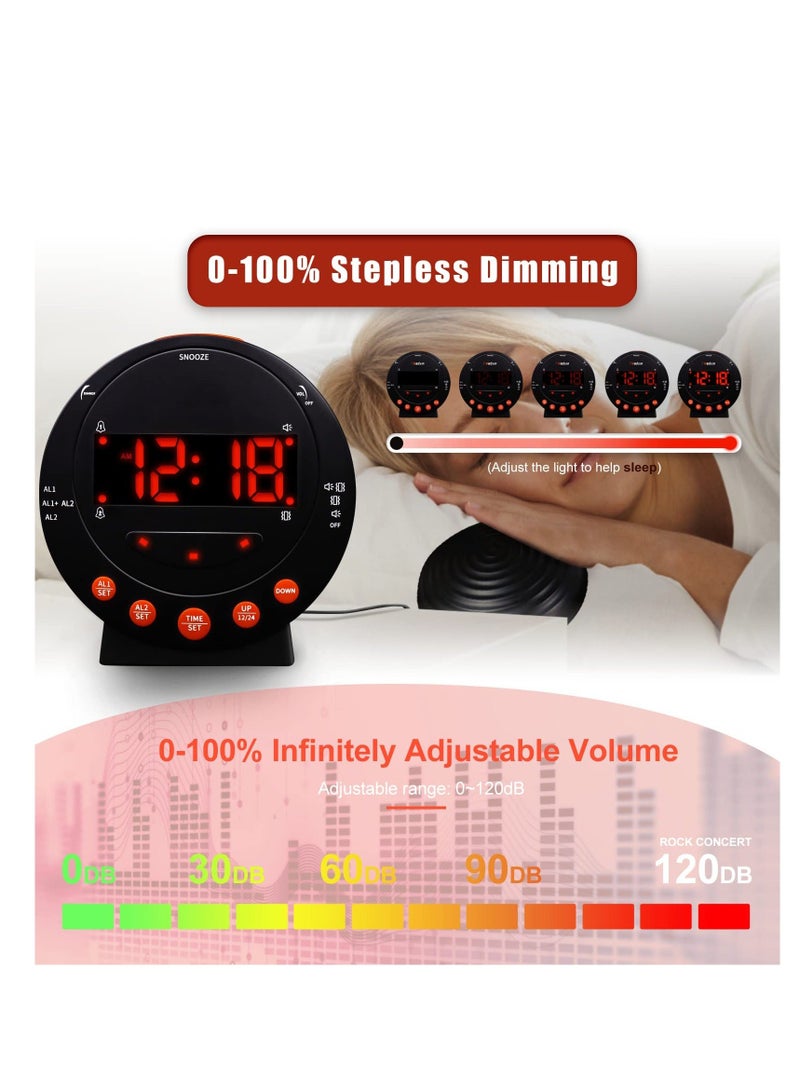 Extra Loud Alarm Clock Vibrating Alarm Clock with Bed Shaker Dual USB Charging Snooze Function 0-100% Dimmer and 0-120db Volume 12/24 Hours for Heavy Sleepers